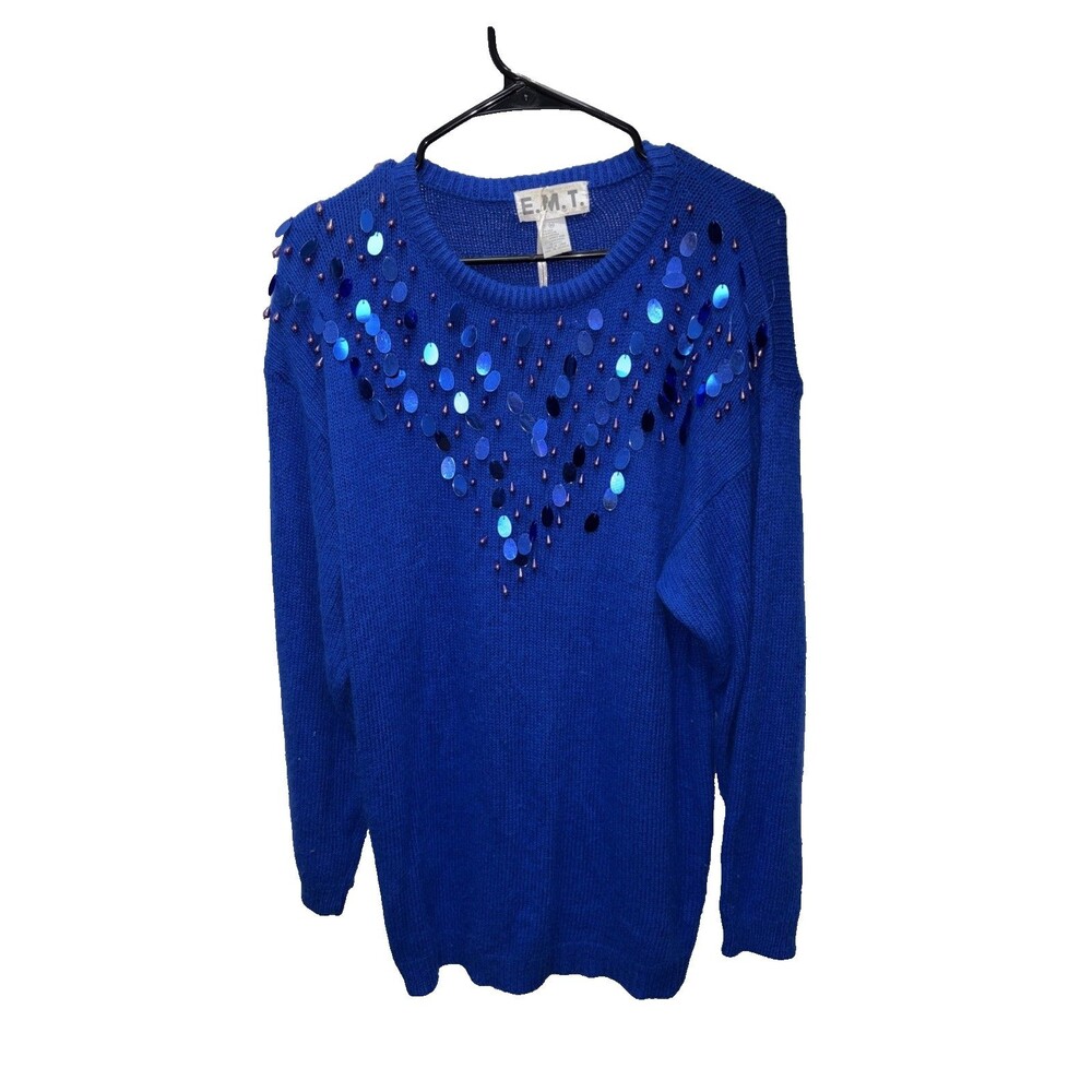 EMT Sweater Women M Blue Silk Angora LambsWool Knit Beaded Sequin Vintage